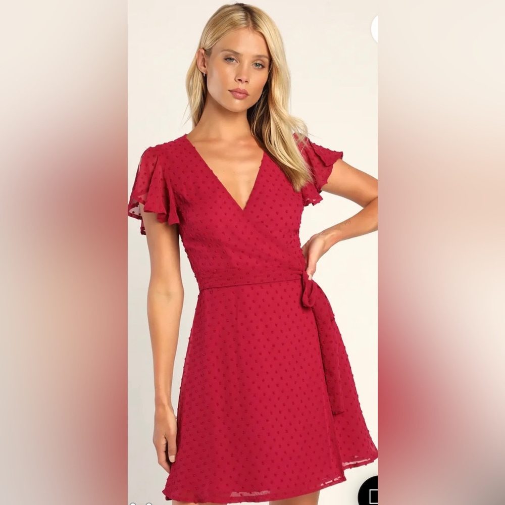 Lulus Much to Celebrate Red Swiss Dot Flutter Sleeve Wrap Mini Dress Size L NWT